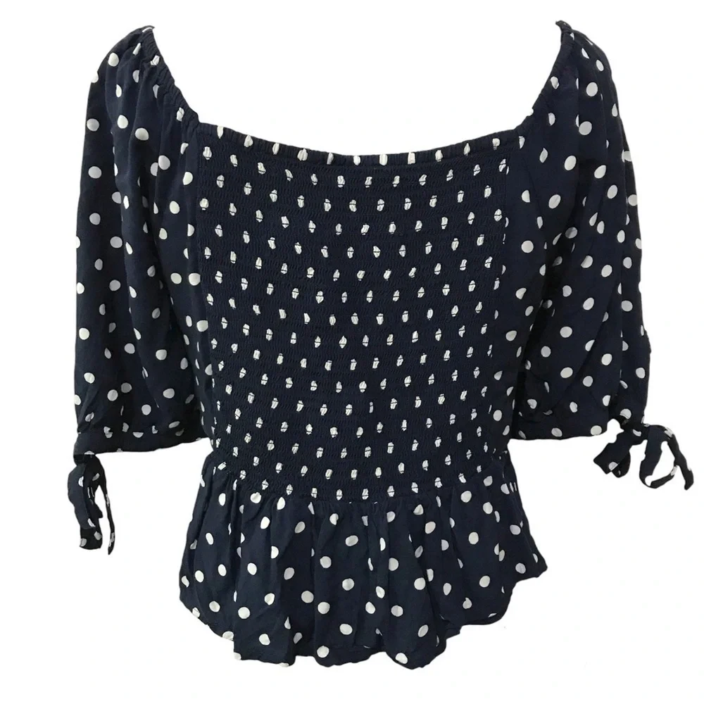 J. Crew Blue Polka Dot Smocked Puff Sleeve Blouse Size Small
